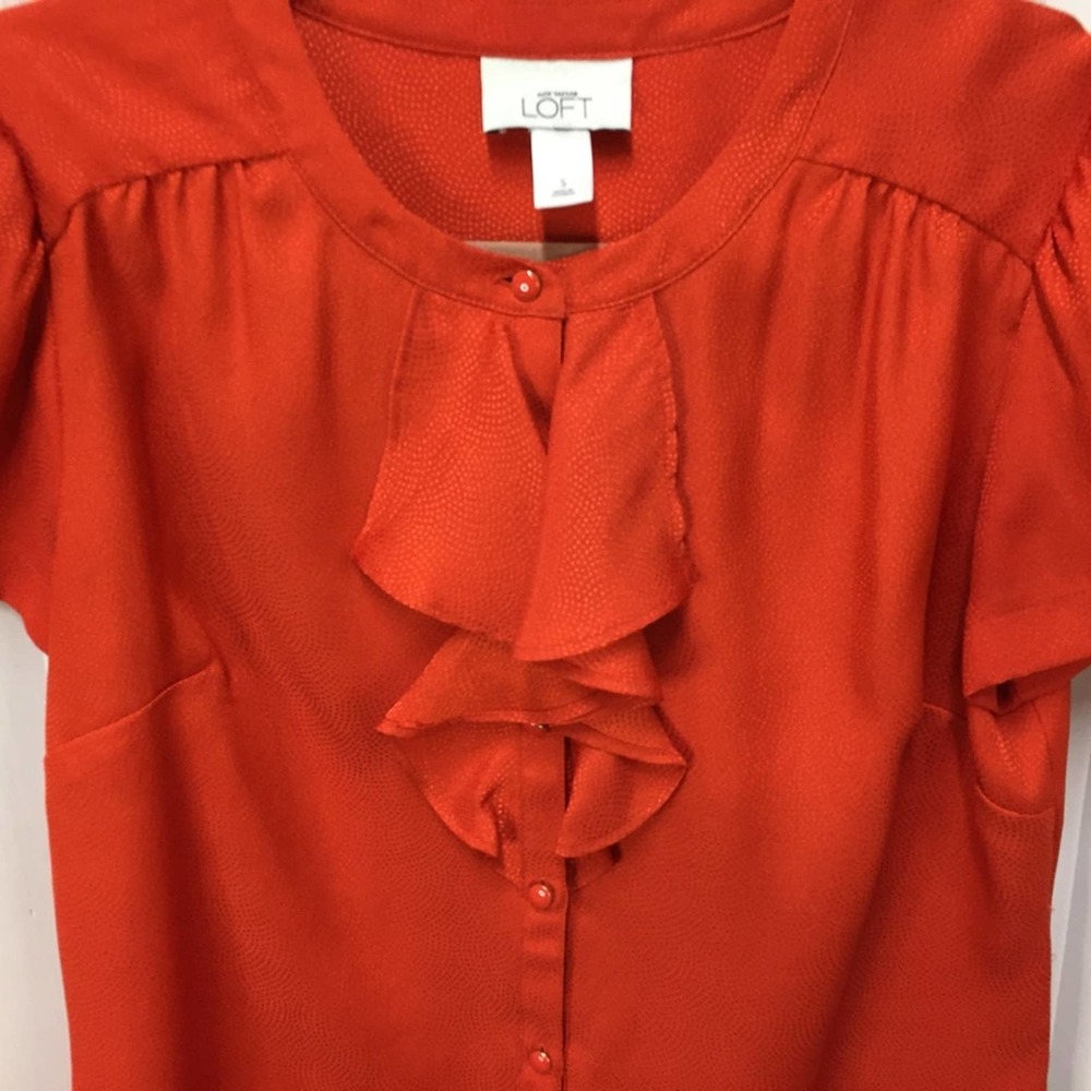 LOFT Orange Button Down Blouse w/ Ruffle Detail - Picture 7 of 16